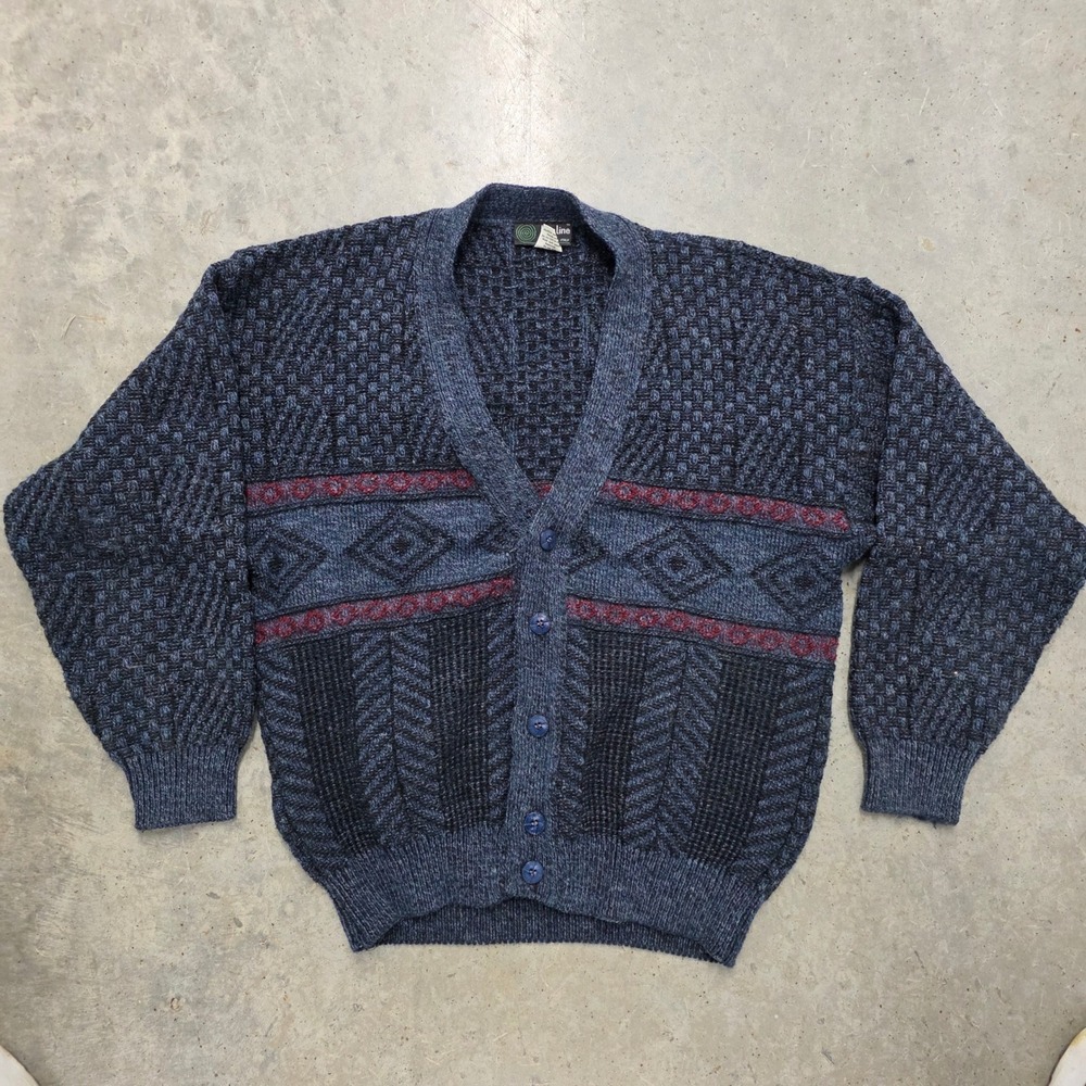 Vintage 80s Tris Line‎ Mens Geometric Cardigan Sweater Blue Red Wool Blend Italy